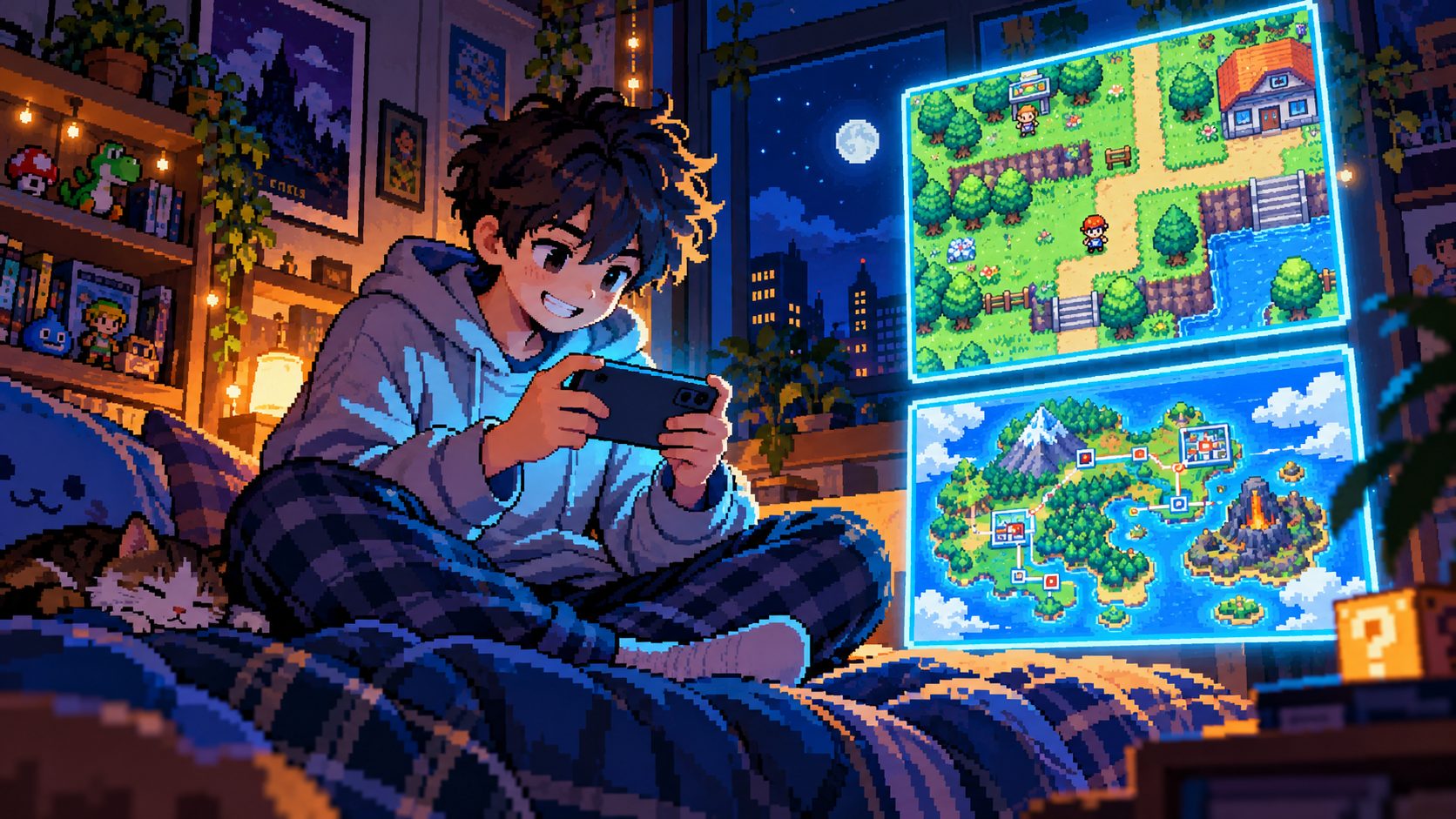 Adolescente en pixel art frente a dos pantallas de juego retro apiladas en su cuarto