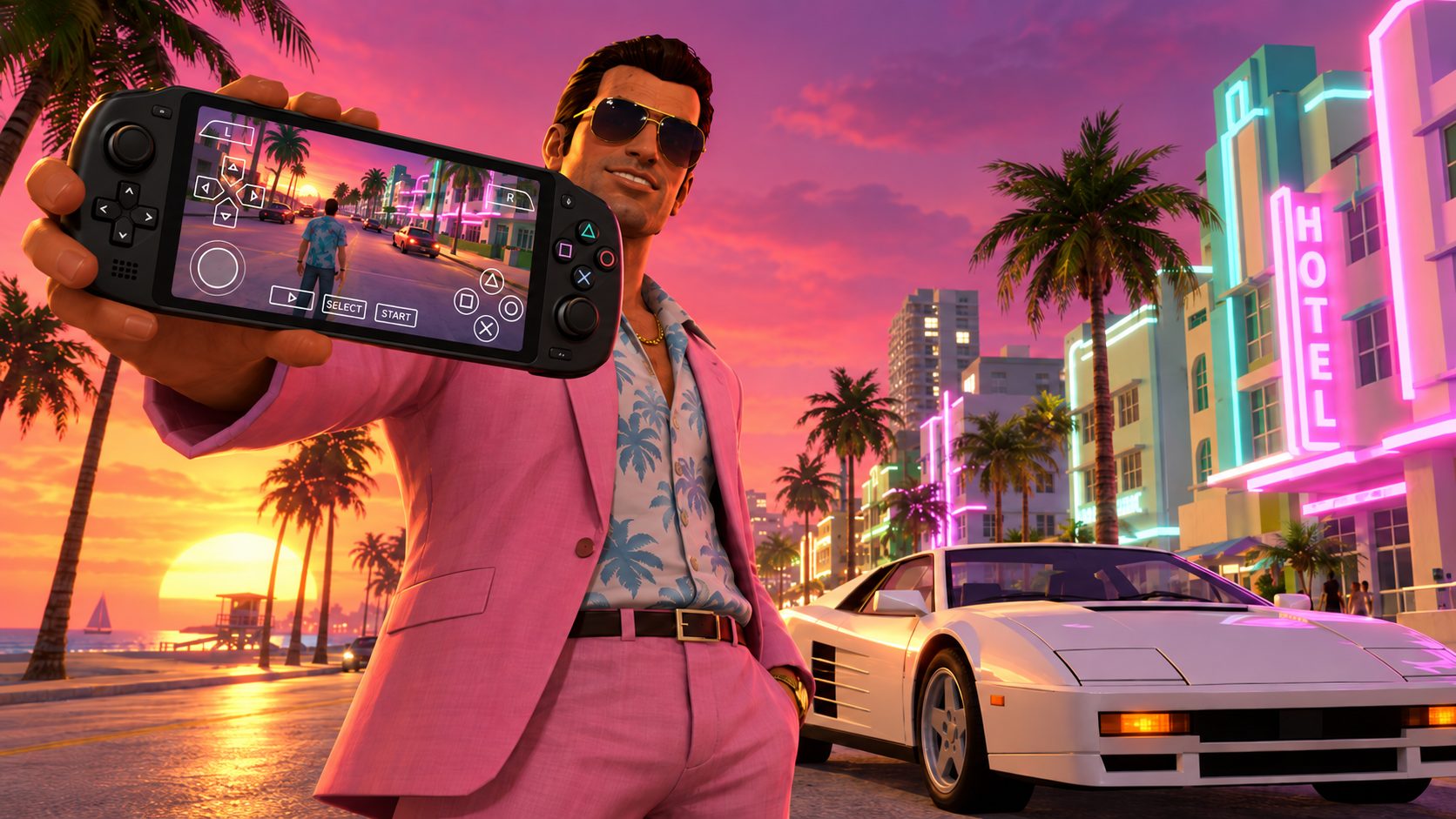 Chico al estilo de Vice City con una consola portátil junto a un deportivo en la playa