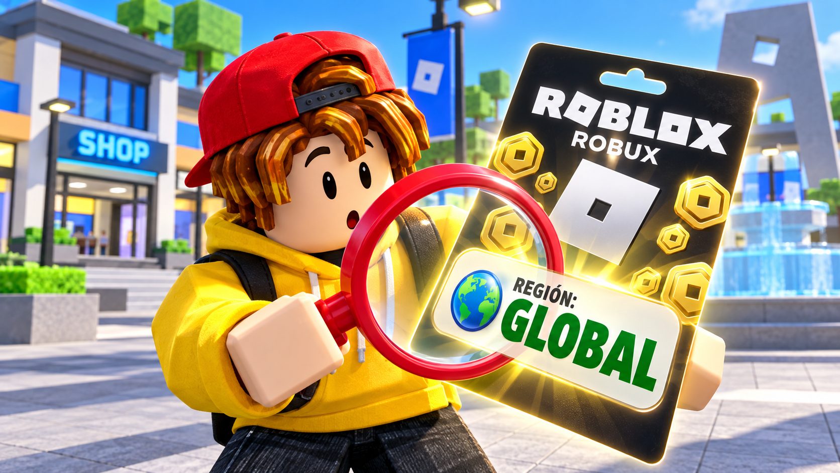 Avatar de Roblox mirando con lupa la región de una tarjeta de Robux