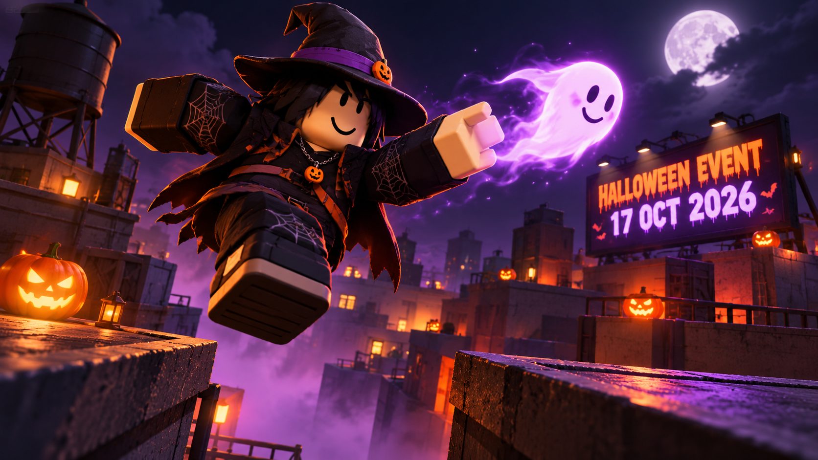 Avatar de Roblox saltando en un mapa de Halloween de Evade junto a un Wisp brillante