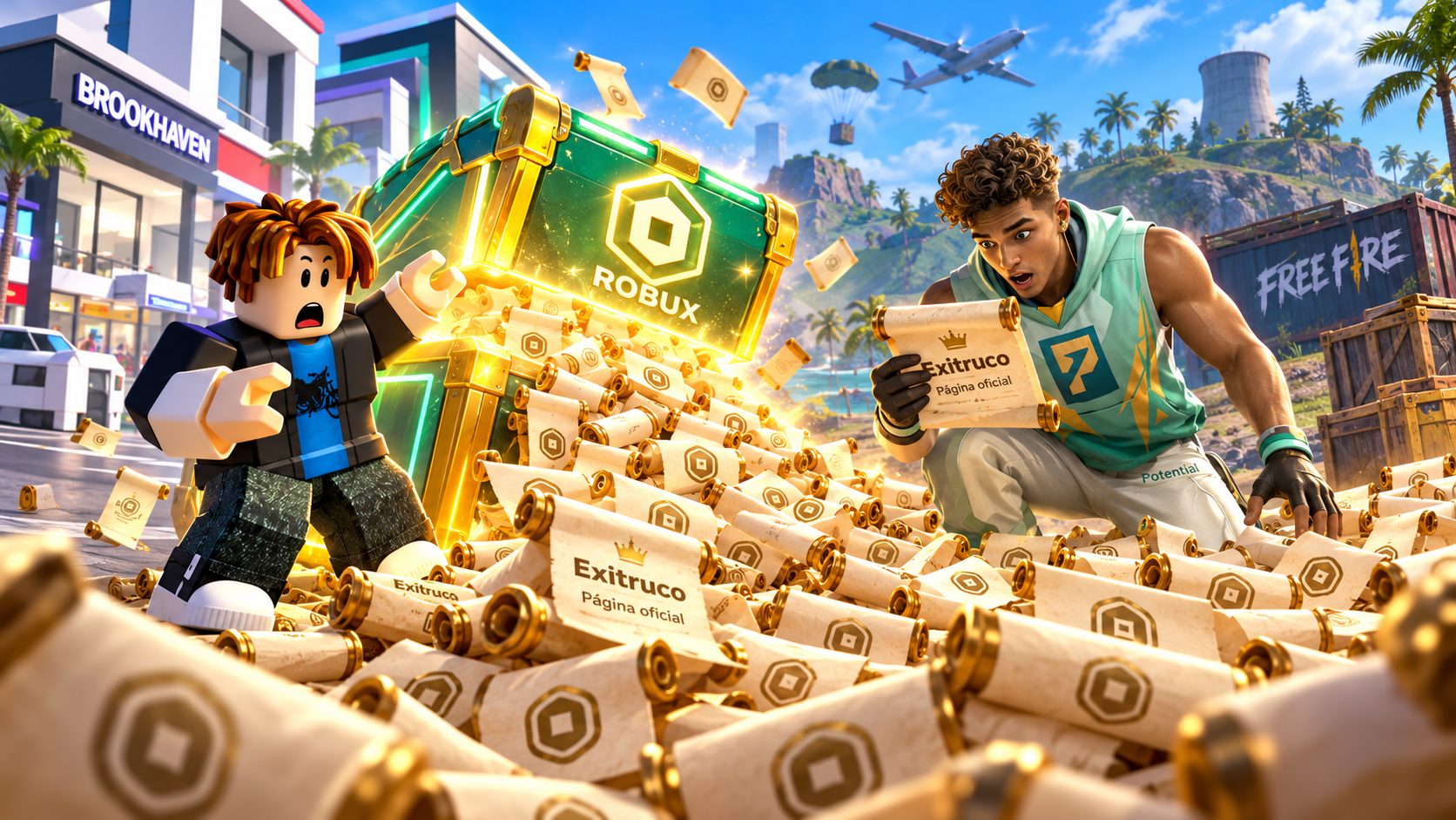 Avatar de Roblox y personaje de Free Fire ante un cofre lleno de papeles en vez de Robux y diamantes