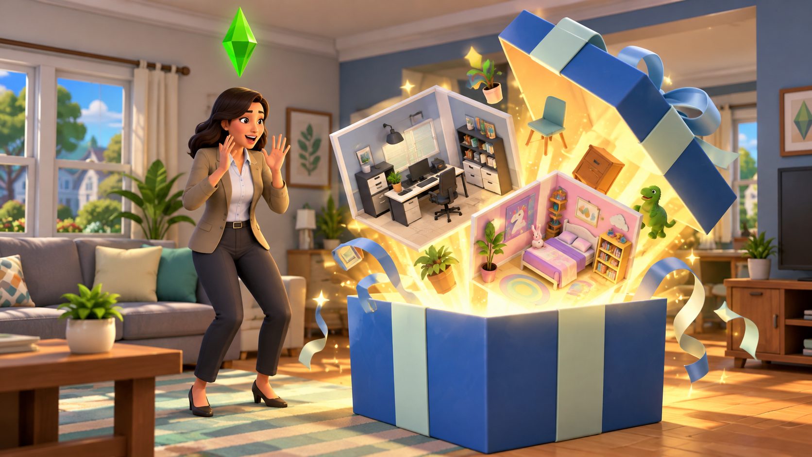 Un Sim de Los Sims 4 abre una caja de regalo gigante con una oficina y un cuarto infantil dentro