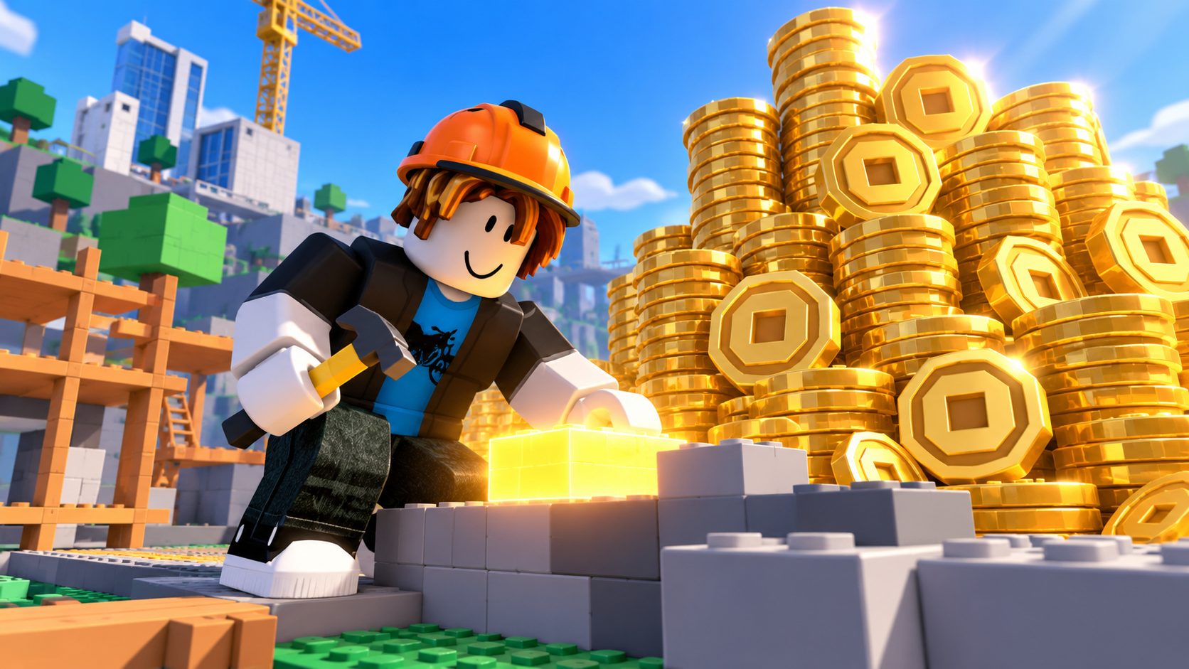 Avatar de Roblox construyendo una experiencia junto a una montaña de Robux