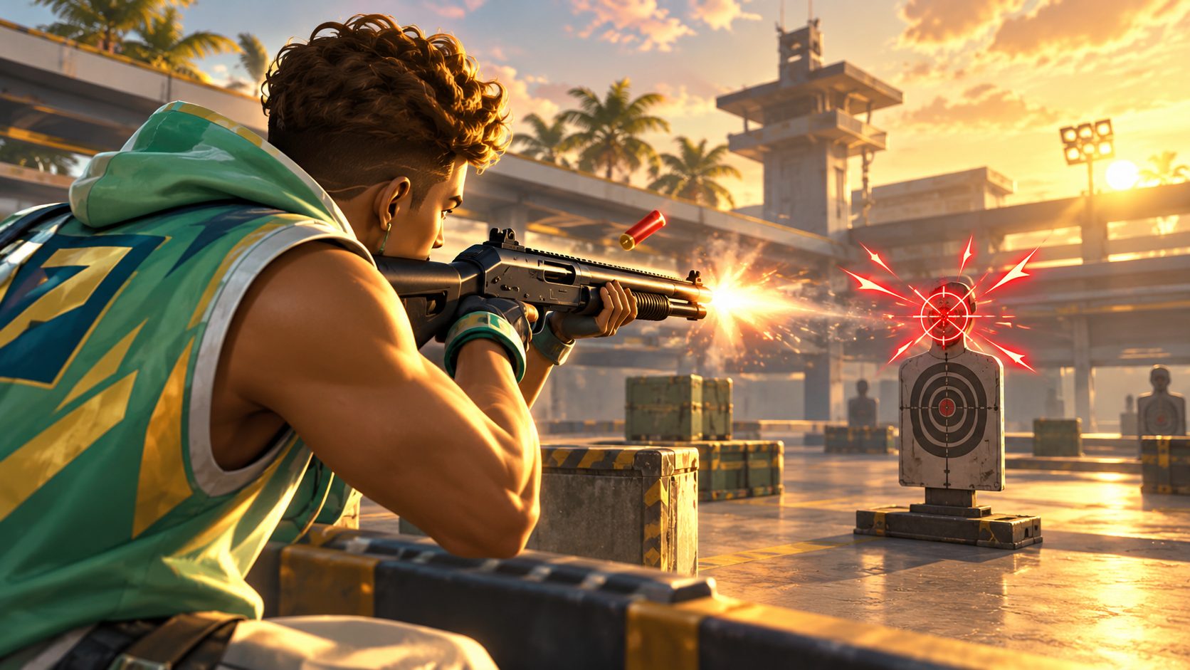 Personaje de Free Fire apuntando con escopeta a un muñeco del campo de entrenamiento con impactos rojos en la cabeza
