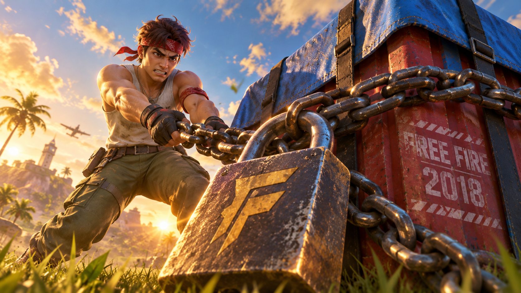 Superviviente de Free Fire tirando de la cadena de una caja de suministros con «FREE FIRE 2018» cerrada con un candado enorme