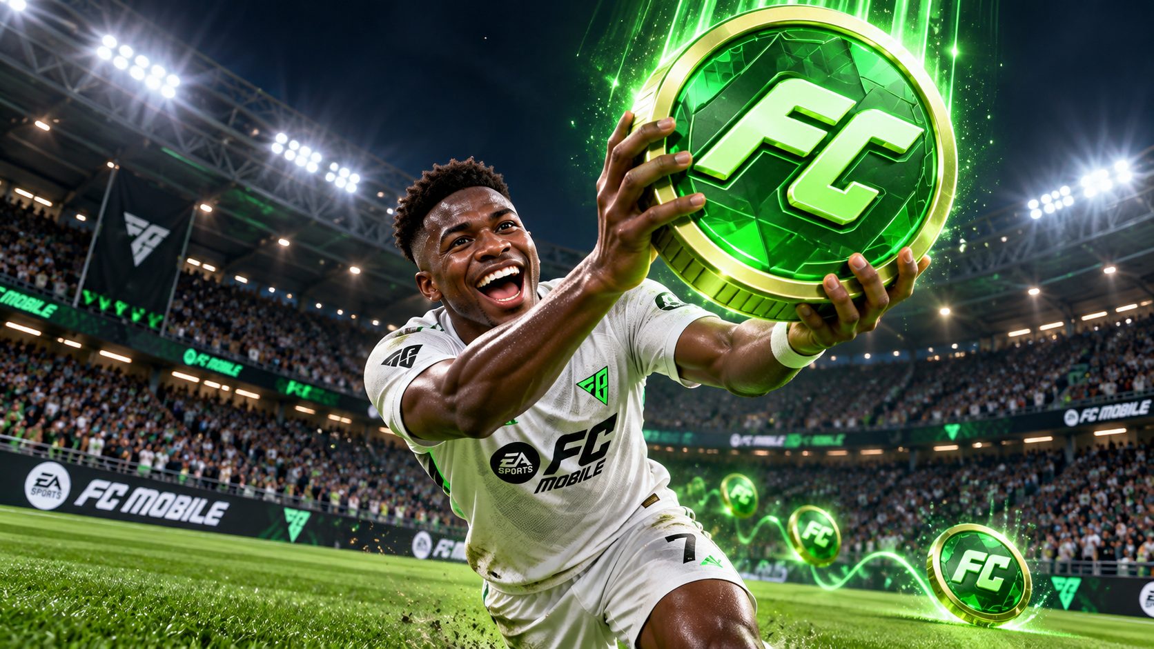 Jugador de FC Mobile atrapando una moneda gigante de FC Points en el estadio