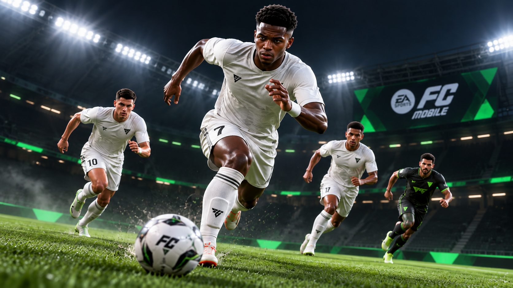 Jugador de FC Mobile lanzando un ataque con todo el equipo en un estadio de noche