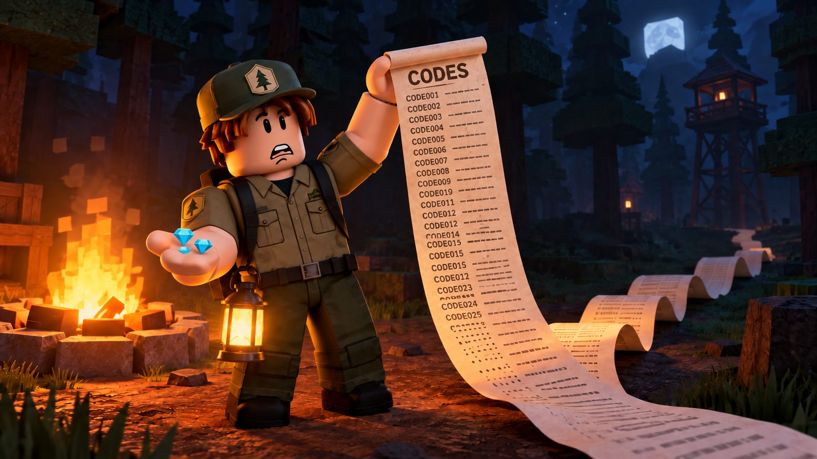 Avatar de Roblox en el bosque de 99 Noches con una lista de códigos larguísima y solo tres diamantes en la mano