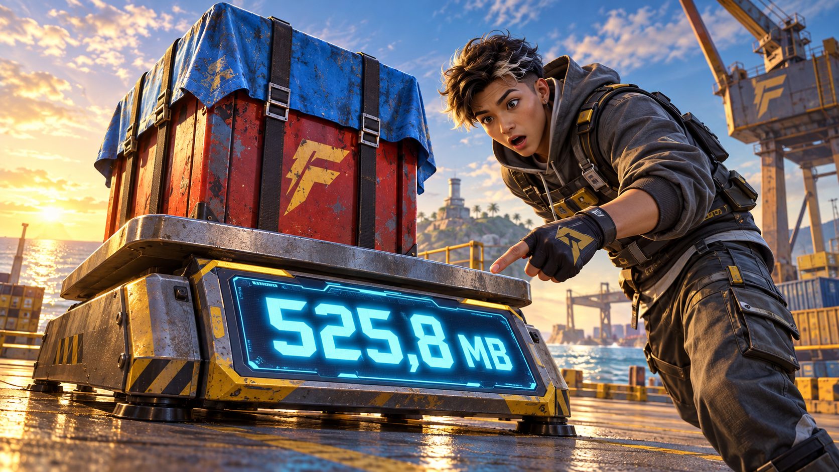 Superviviente de Free Fire señala una báscula con una caja de suministros que marca 525,8 MB