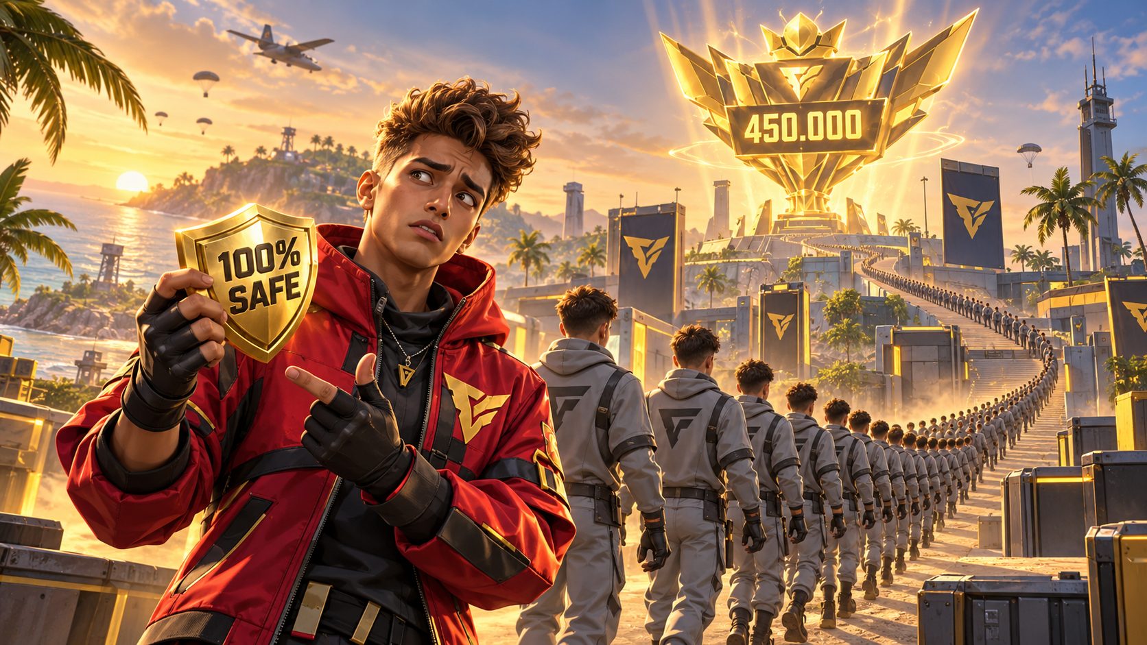 Líder de gremio de Free Fire con un escudo de 100% seguro mientras una fila de bots idénticos entra en su gremio bajo un trofeo de gloria de 450.000