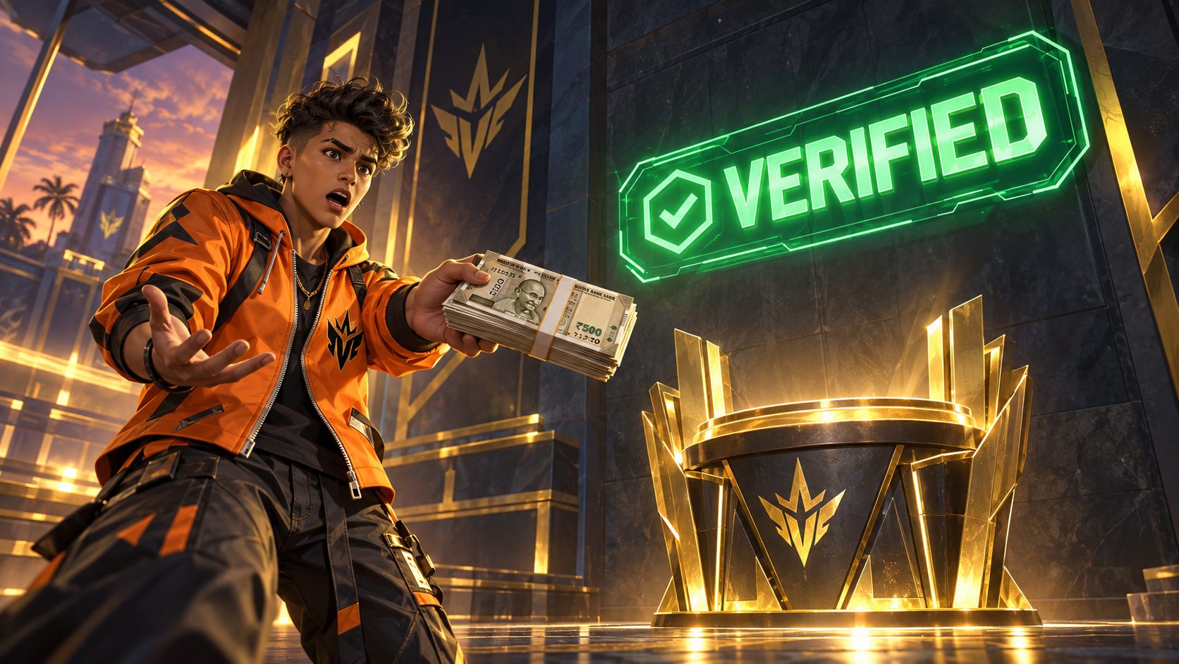 Un jugador de Free Fire con billetes en la mano frente a un pedestal de trofeo de gremio vacío con un cartel que dice VERIFIED