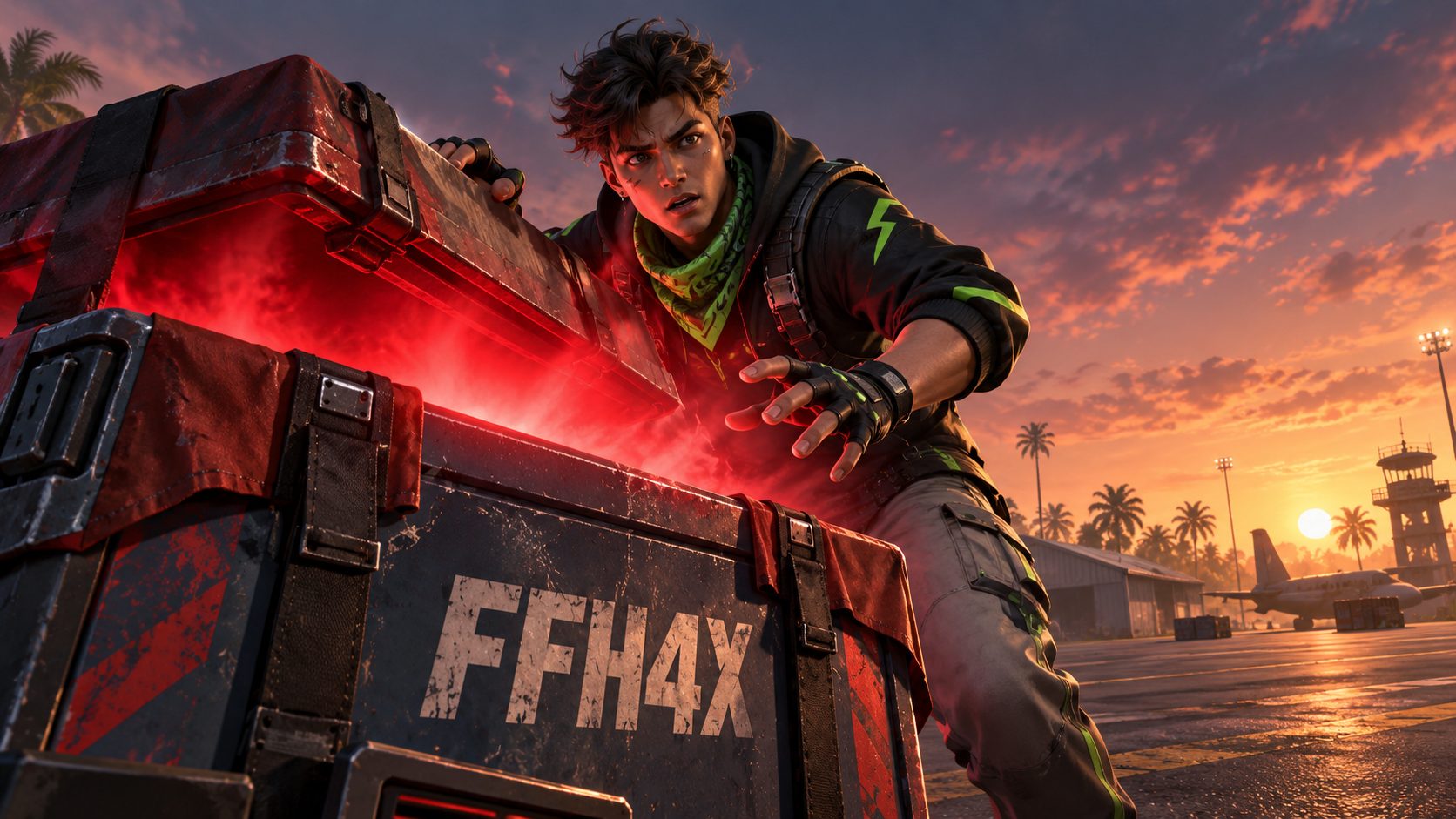 Superviviente de Free Fire abriendo una caja de suministros marcada FFH4X que suelta luz roja