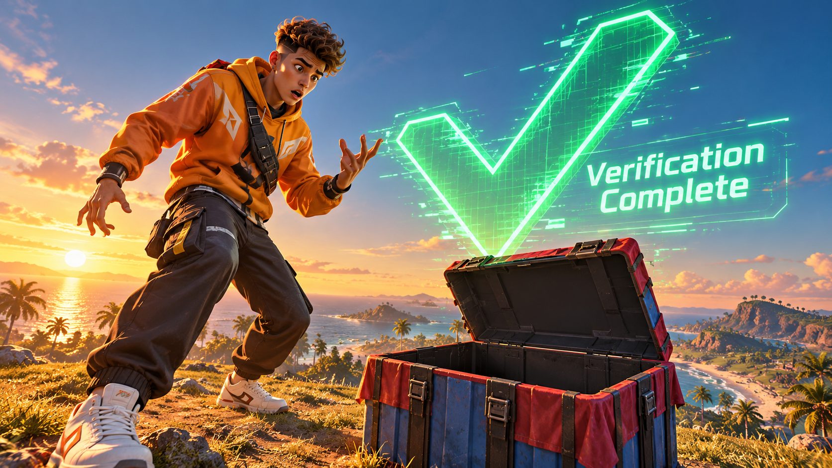 Superviviente de Free Fire sorprendido ante un enorme visto verde hueco con el texto Verification Complete y una caja de suministros vacía