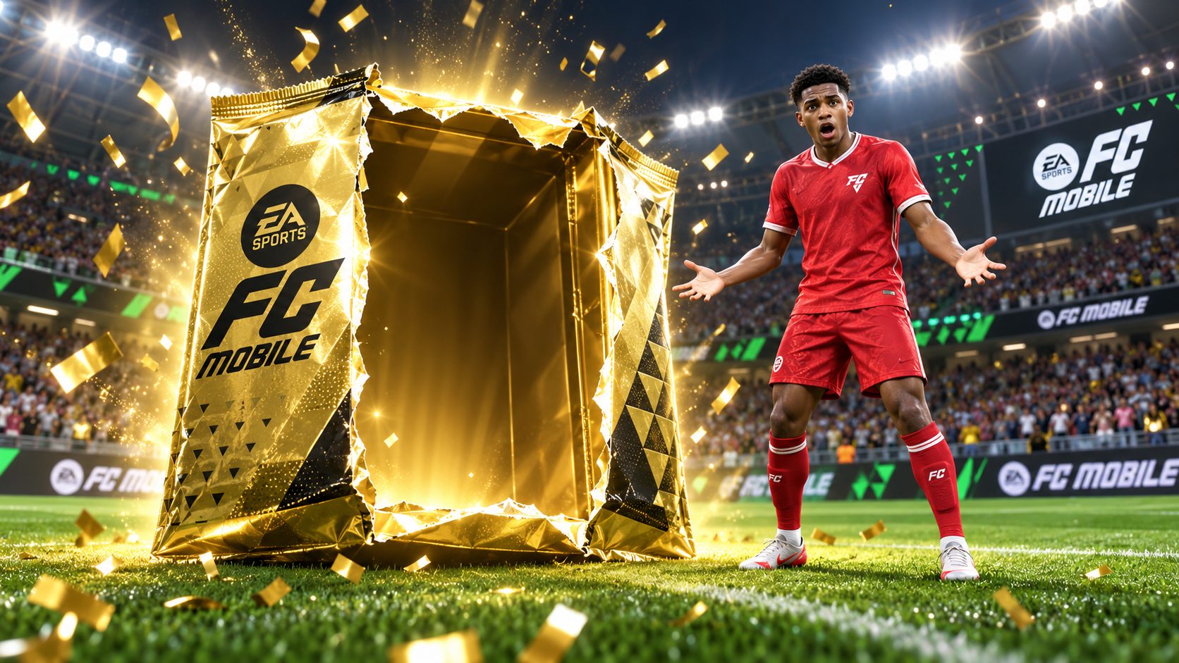 Sobre dorado de FC Mobile abierto y vacío ante un futbolista sorprendido