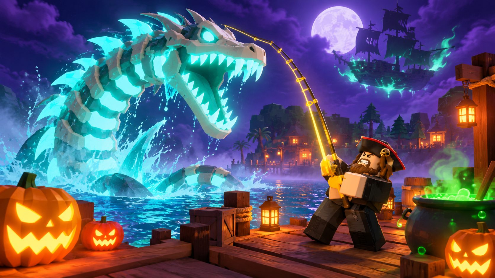 Pescador de Fisch en Roblox saca una serpiente marina esquelética en una noche de Halloween