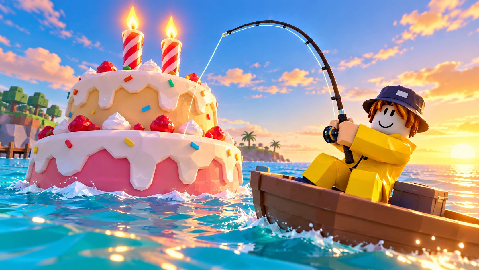 Un pescador de Roblox en una barca de remos junto a una tarta gigante con dos velas en el mar de Fisch