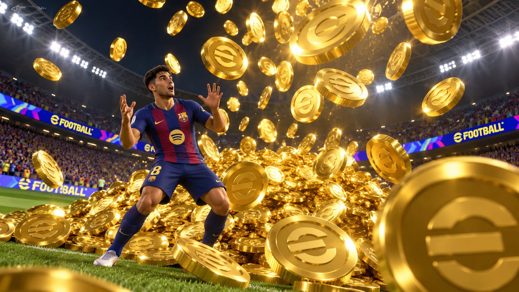 Jugador de eFootball bajo una lluvia de monedas doradas en el estadio