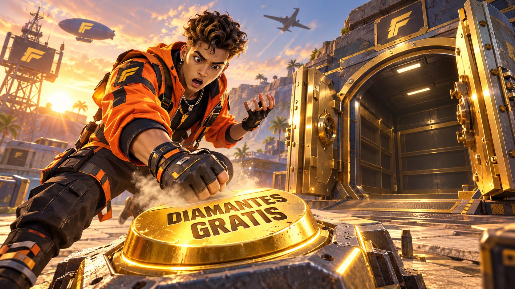 Un superviviente de Free Fire pulsa un enorme botón de diamantes gratis delante de una cámara acorazada vacía