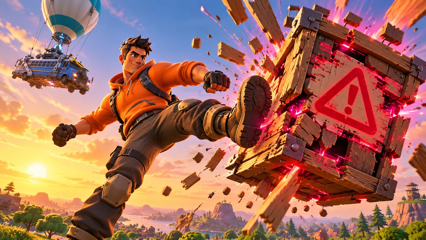 Personaje de Fortnite apartando una caja de suministros sospechosa con el autobús de batalla de fondo