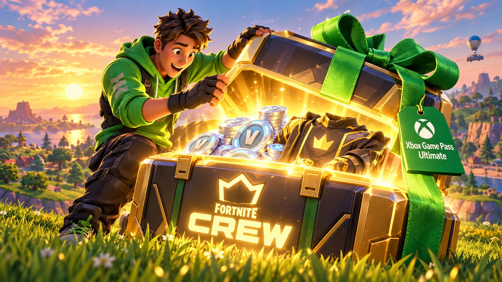 Personaje de Fortnite abriendo un cofre del Club de Fortnite atado con un lazo verde de Xbox Game Pass Ultimate
