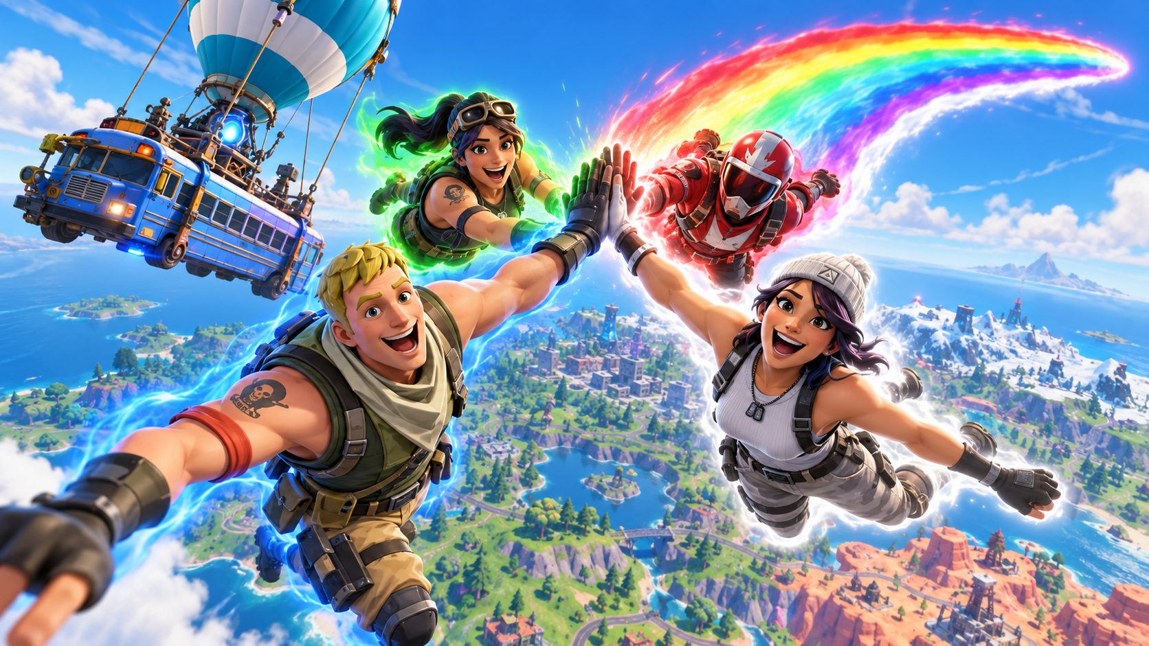 Escuadra de Fortnite saltando junta del autobús de batalla