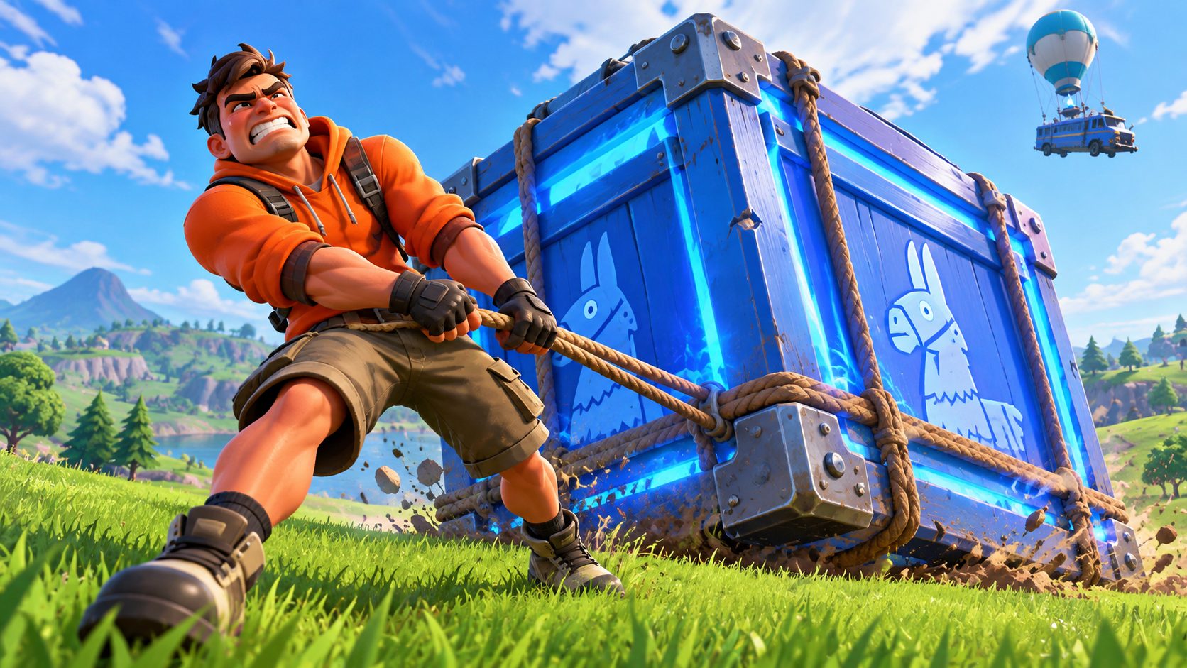 Personaje de Fortnite arrastrando una caja de suministros enorme en la isla