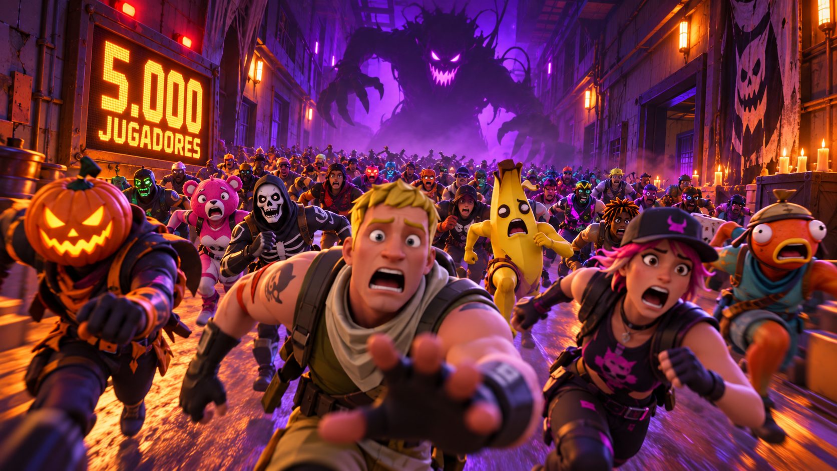 Multitud de personajes de Fortnite huyendo de un monstruo en un pasillo oscuro de un mapa de terror