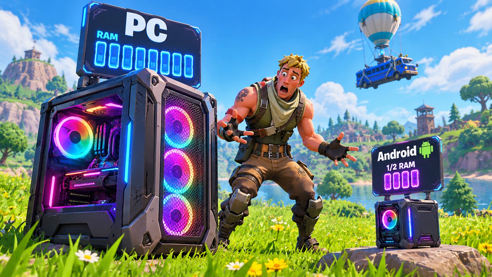 Personaje de Fortnite entre un PC gigante y uno diminuto en la isla del juego