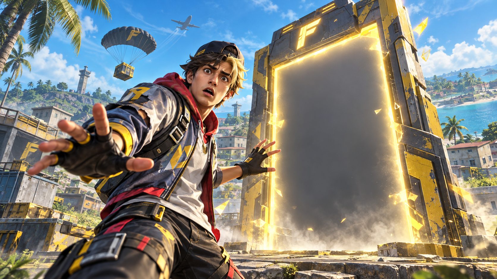 Un superviviente de Free Fire ante una puerta que da al vacío en la isla de Bermuda