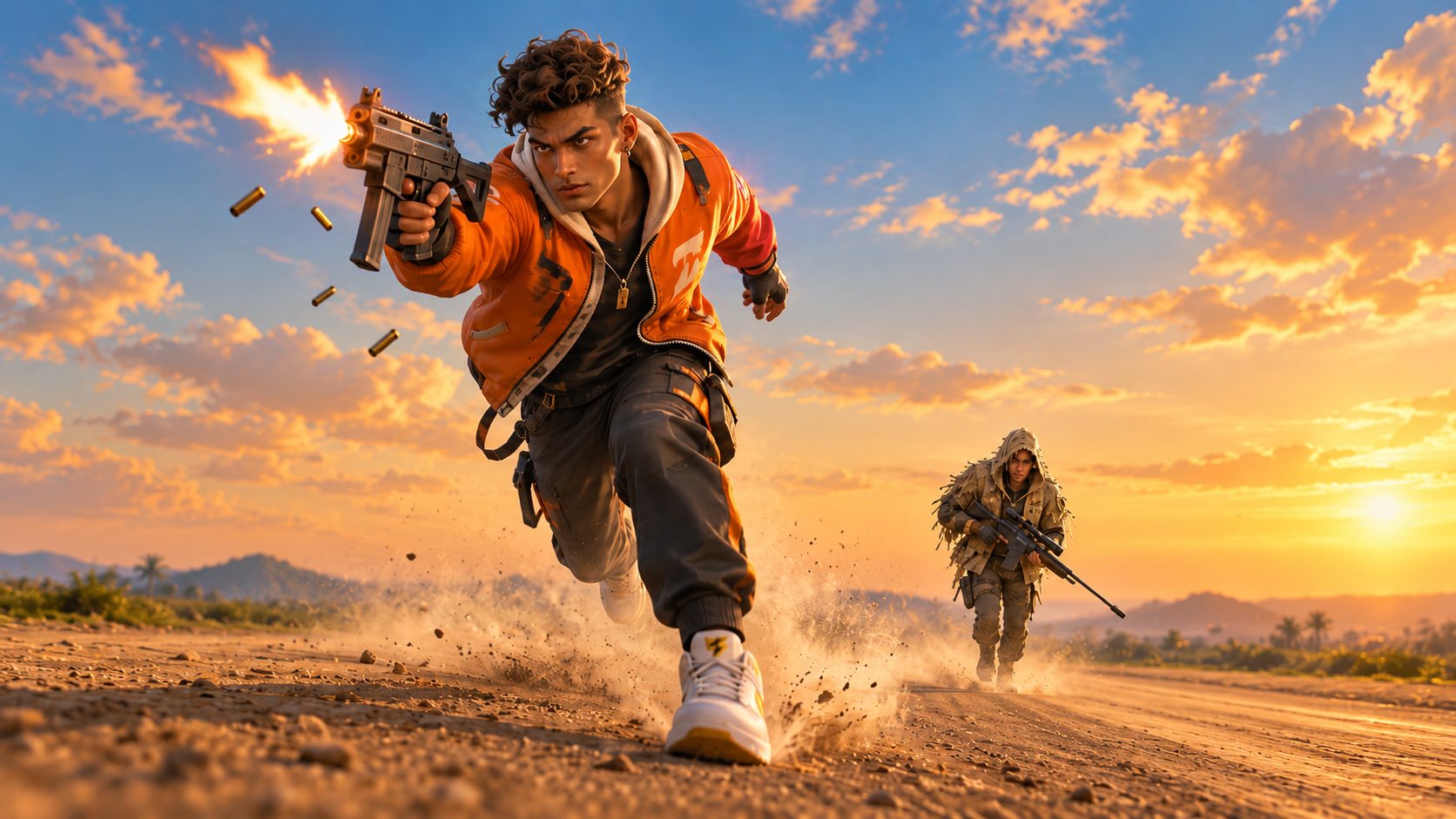 Un jugador de Free Fire corre disparando un subfusil mientras otro, con una AWM, se queda atrás en Bermuda