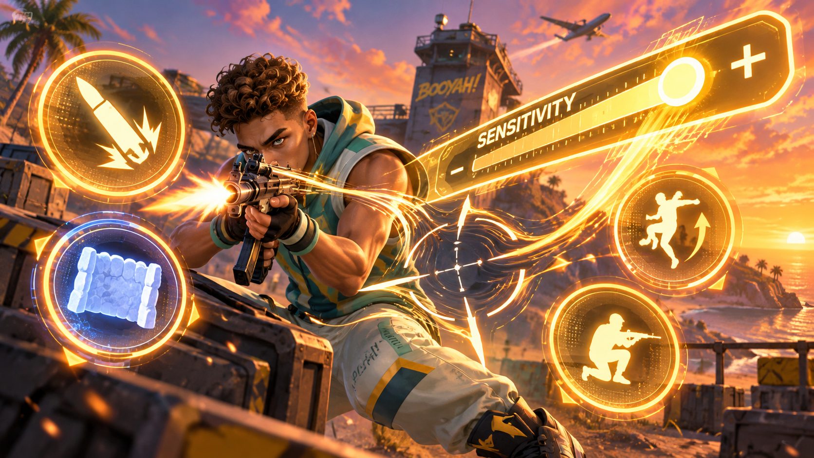 Superviviente de Free Fire en Bermuda rodeado de botones de control gigantes y una barra de sensibilidad brillante