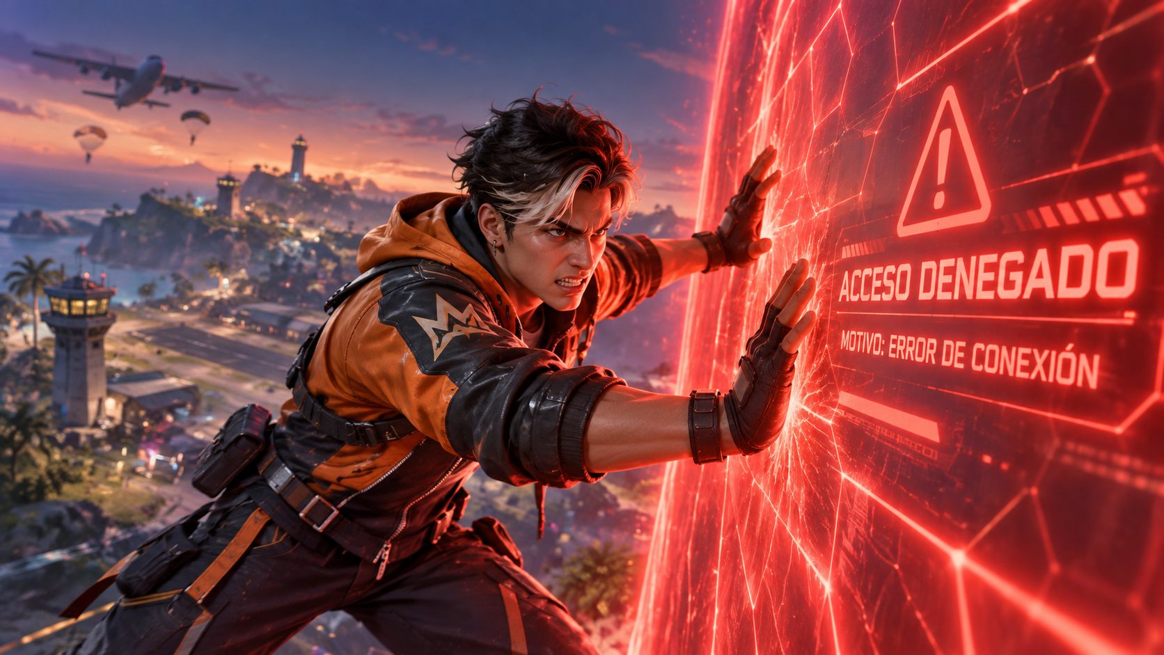 Superviviente de Free Fire empujando una barrera roja que le impide entrar en la isla de Bermuda