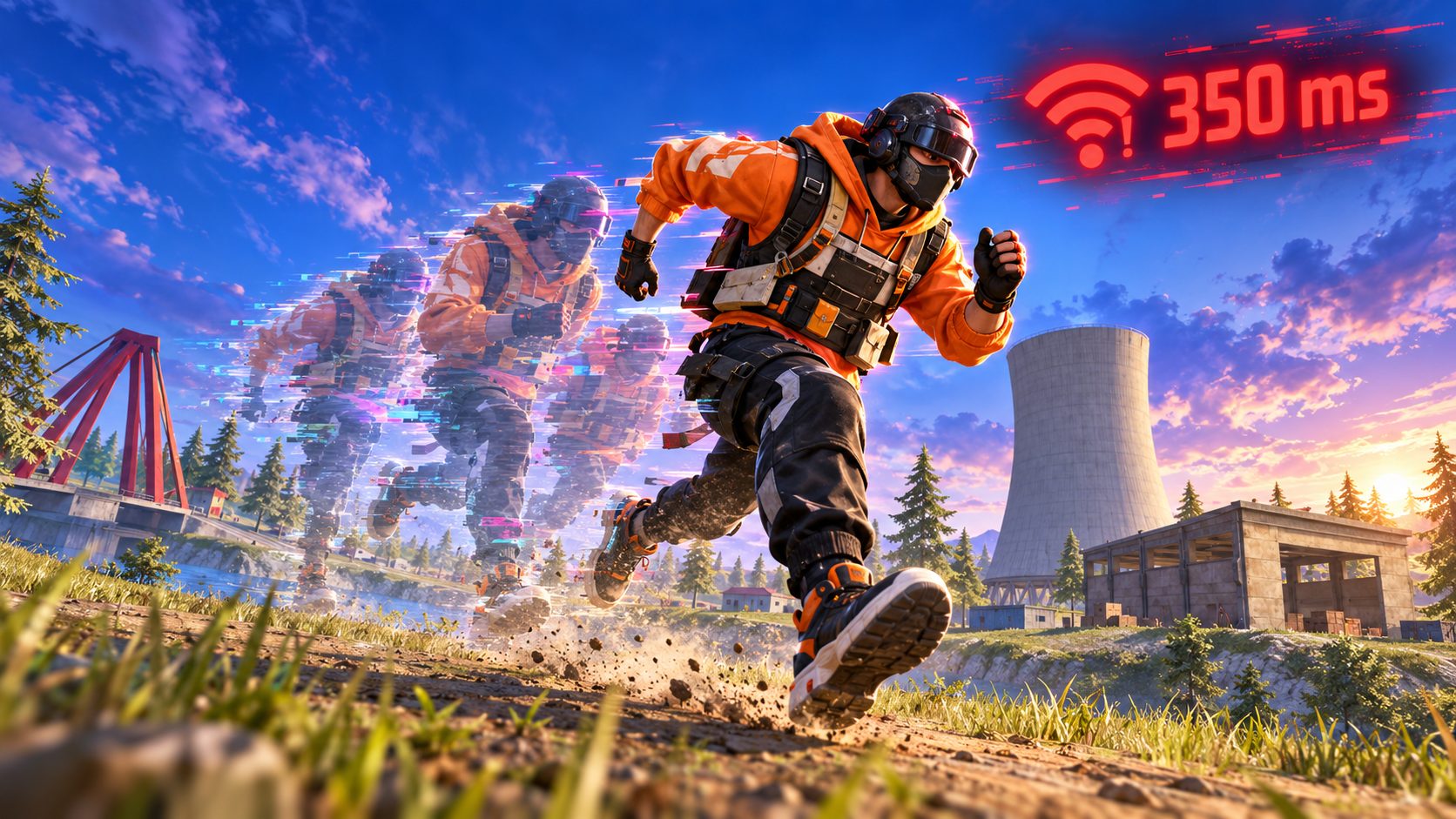 Personaje de Free Fire congelado a tirones por el ping alto en Bermuda