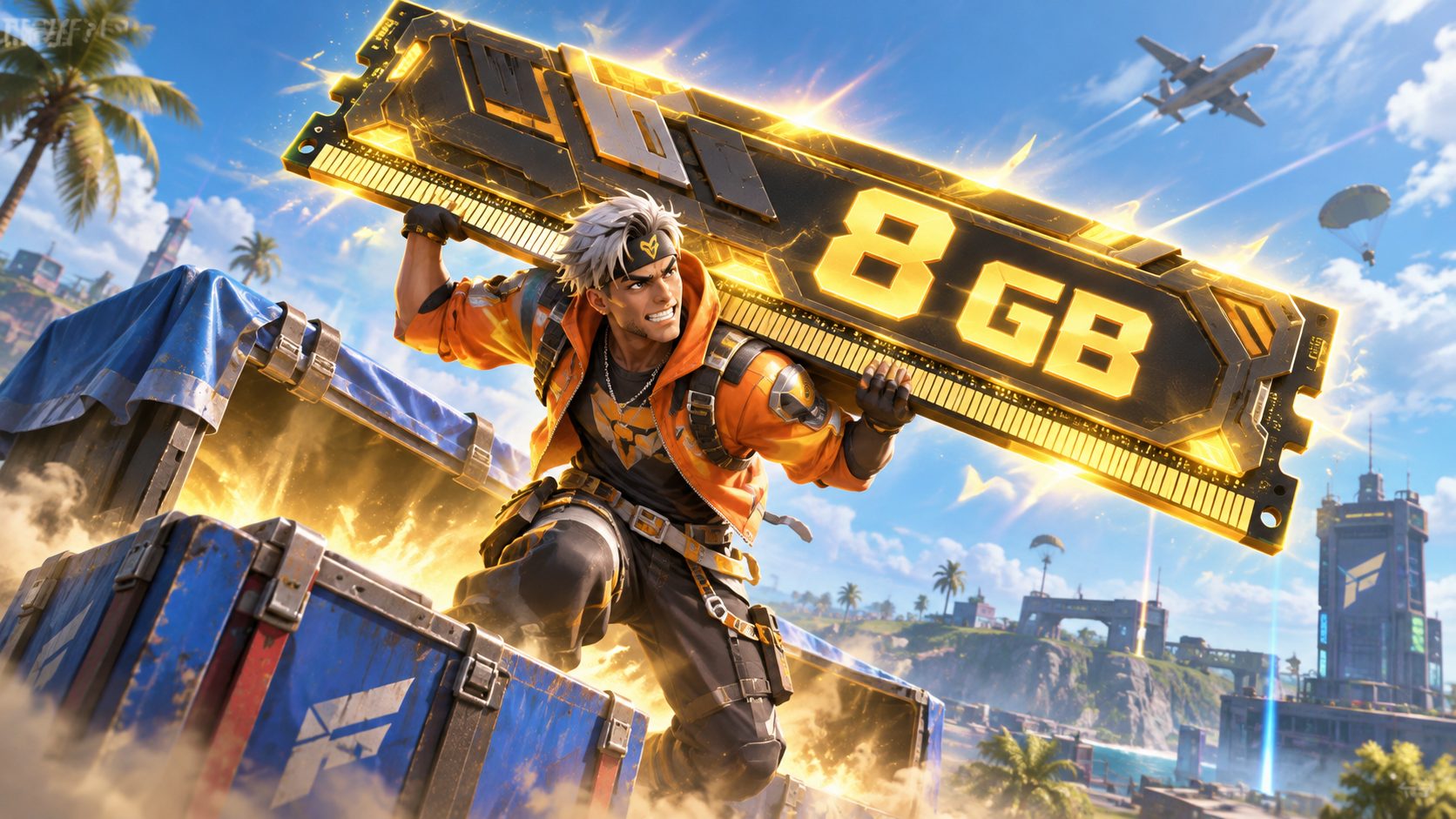 Superviviente de Free Fire cargando un módulo gigante de 8 GB de RAM en la isla
