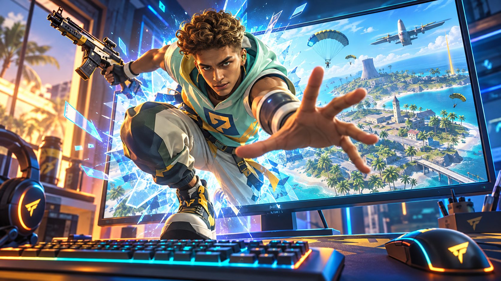 Personaje de Free Fire saliendo de un monitor de PC con la isla del juego