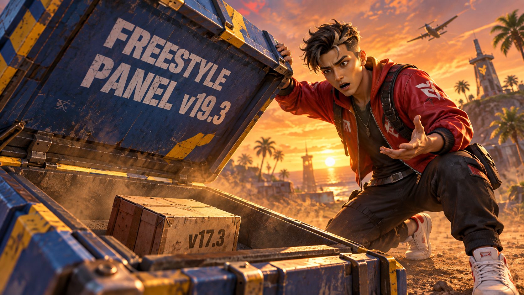 Superviviente de Free Fire abre una caja de suministros con el rótulo Freestyle Panel v19.3 y dentro solo hay una caja pequeña con v17.3