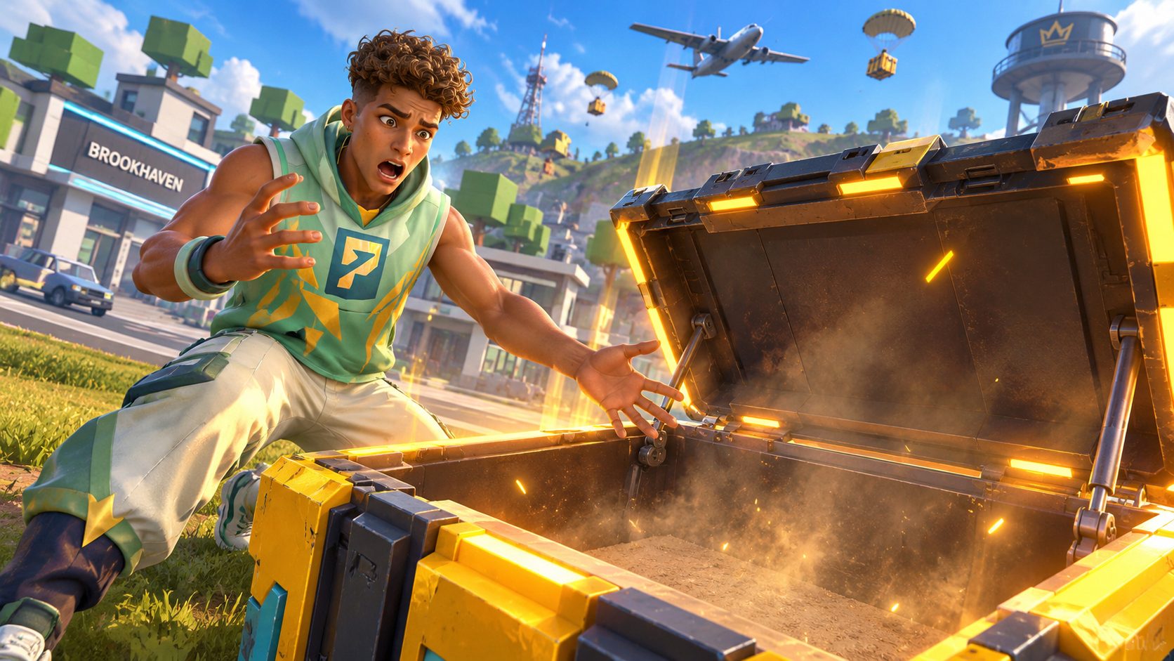Personaje de Free Fire sorprendido ante una caja de botín vacía en el mapa
