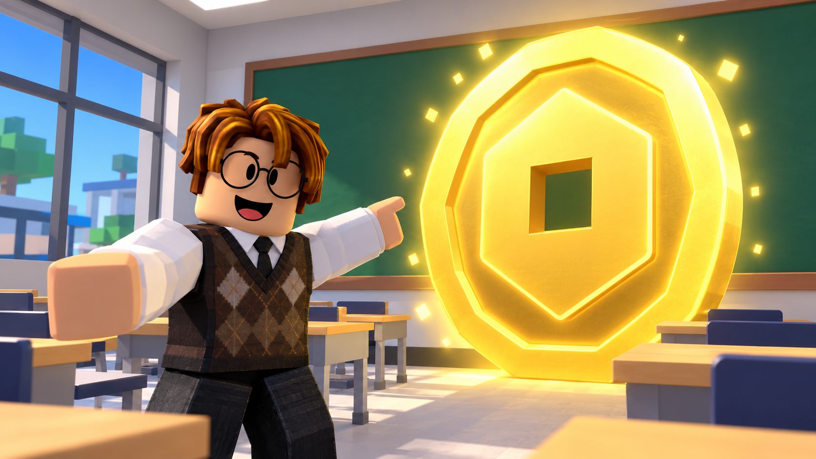 Avatar de Roblox vestido de profesor señalando una moneda gigante de Robux en un aula de Roblox