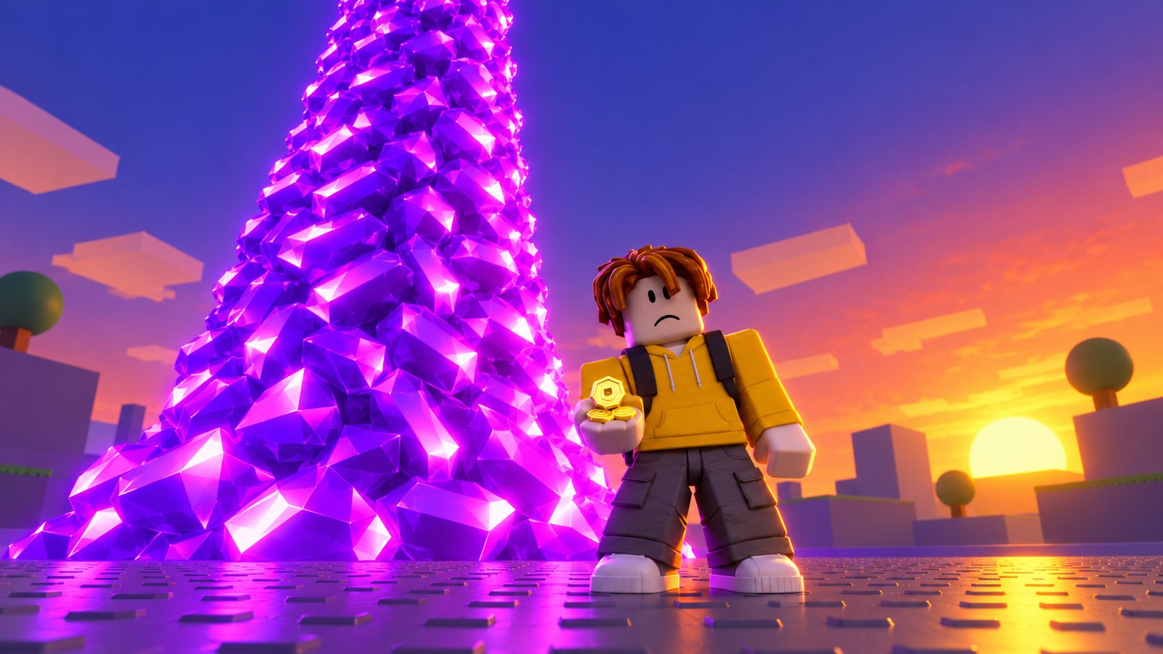 Avatar de Roblox junto a una enorme pila de gemas con solo unos pocos Robux en la mano