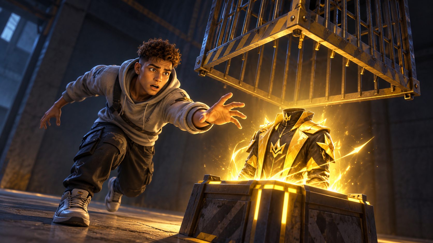 Un superviviente de Free Fire alarga la mano hacia un bundle dorado de skin colocado bajo una jaula a punto de caer
