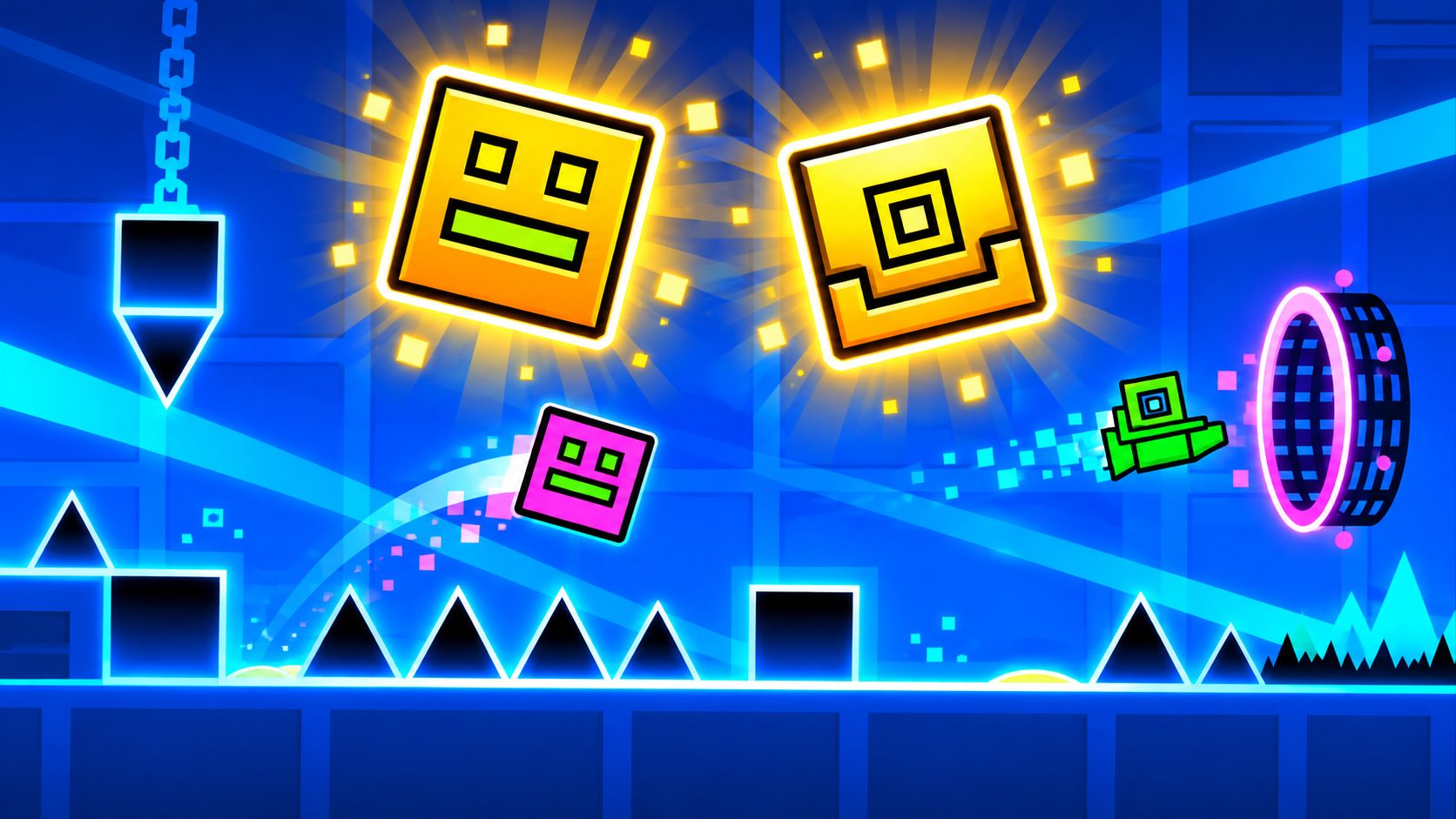Cubo de Geometry Dash saltando pinchos bajo dos iconos dorados gigantes