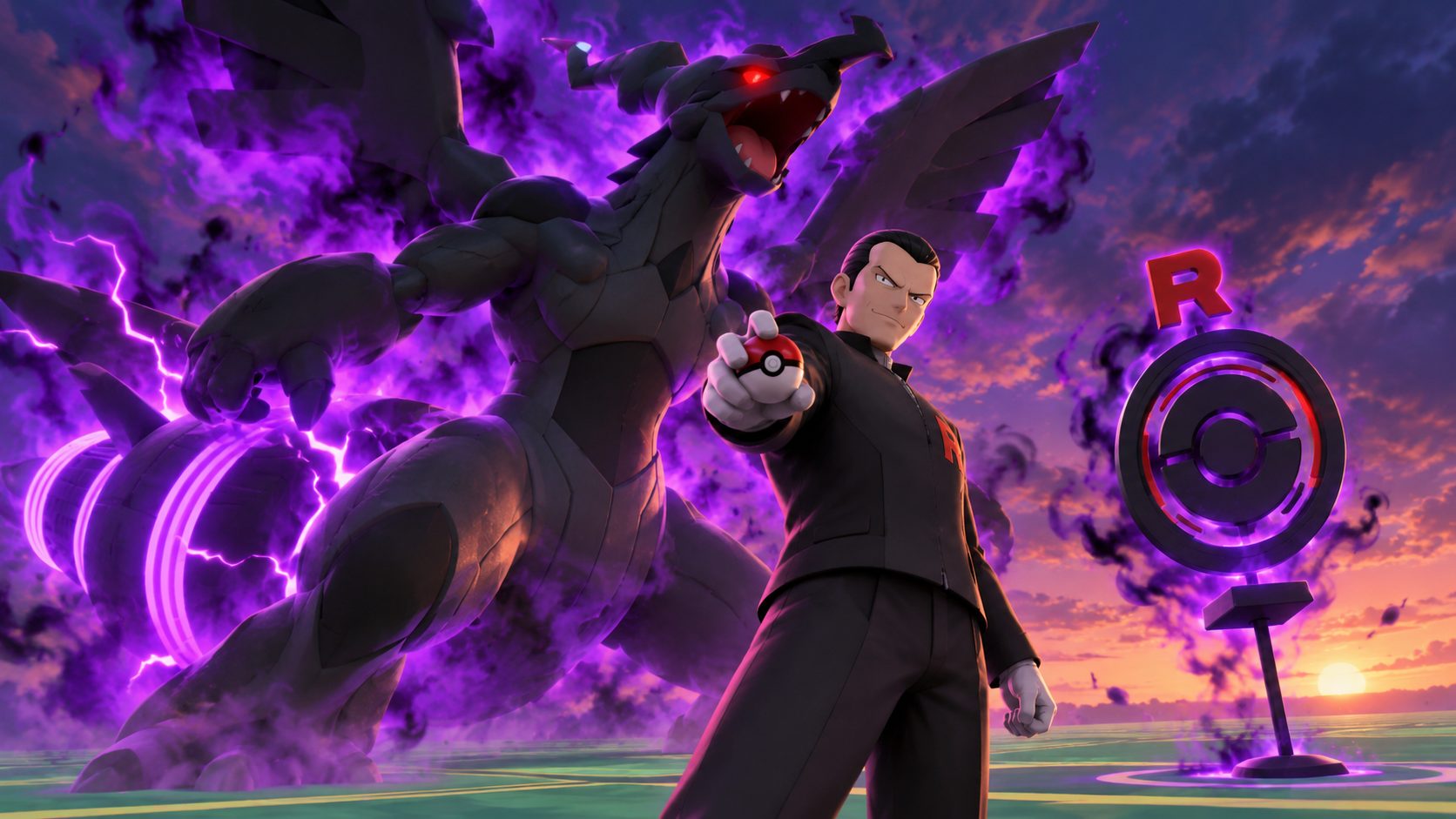 Giovanni del Team GO Rocket lanza a Zekrom oscuro junto a una Poképarada en Pokémon GO