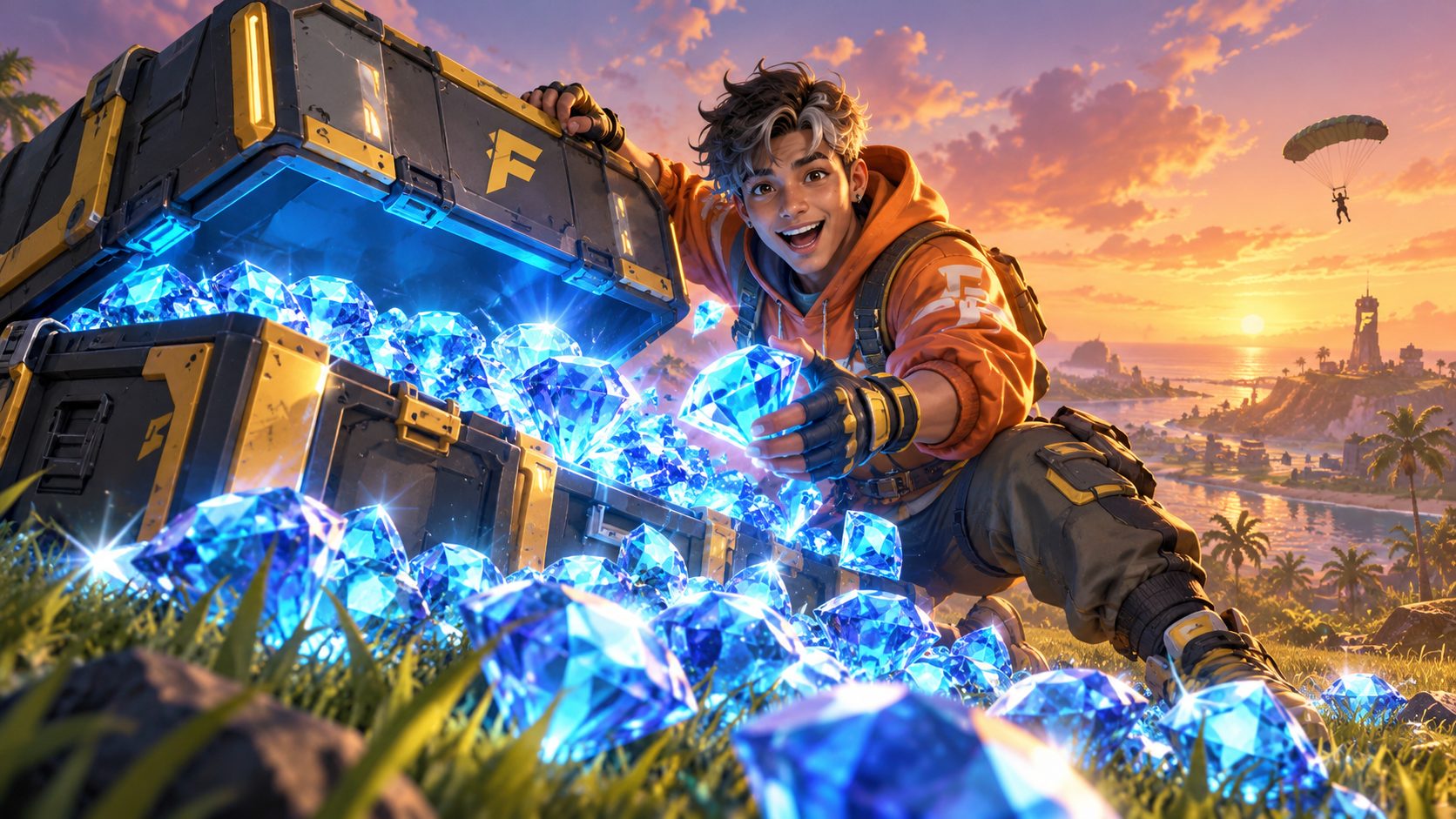 Superviviente de Free Fire abre un cofre lleno de diamantes azules en la isla