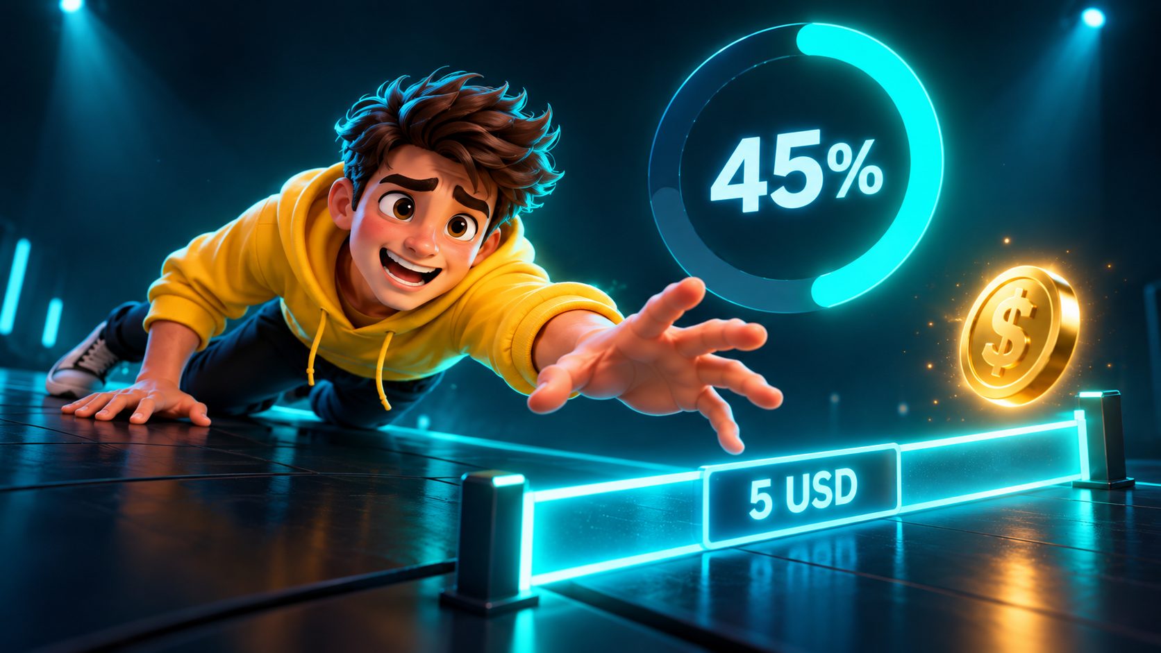 Anillo de progreso de Givvy Videos al 45 % y una moneda tras la línea de 5 dólares