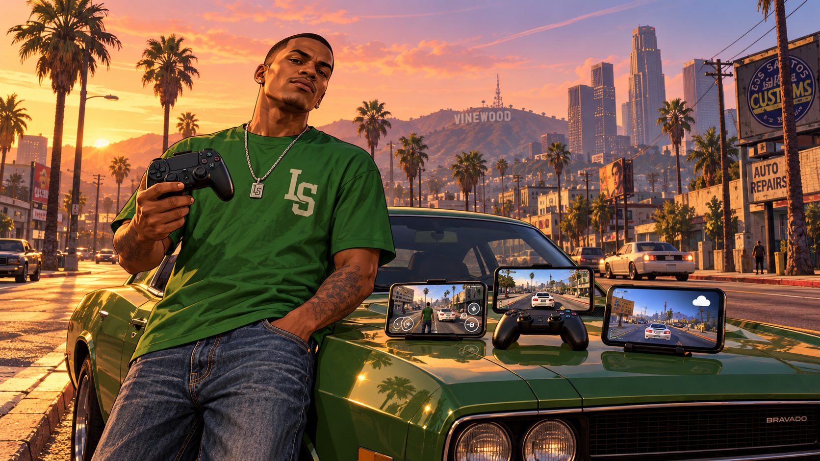Joven al estilo de GTA 5 con un mando junto a un coche verde en Los Santos al atardecer