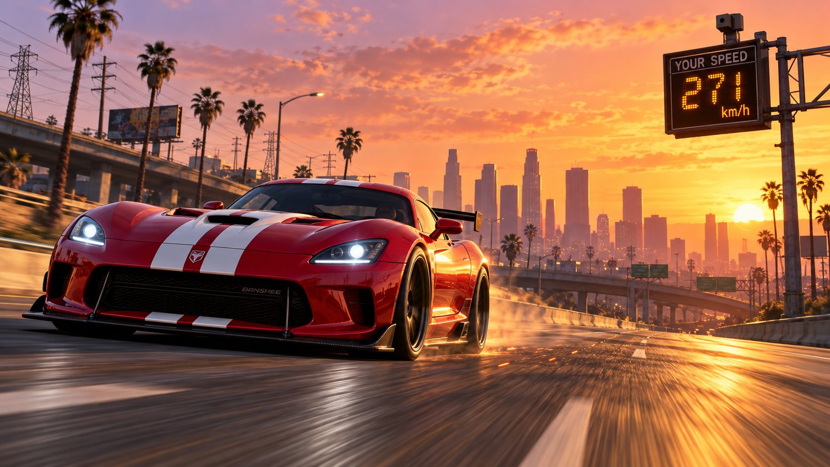 Superdeportivo de GTA 5 a toda velocidad por una autopista de Los Santos al atardecer