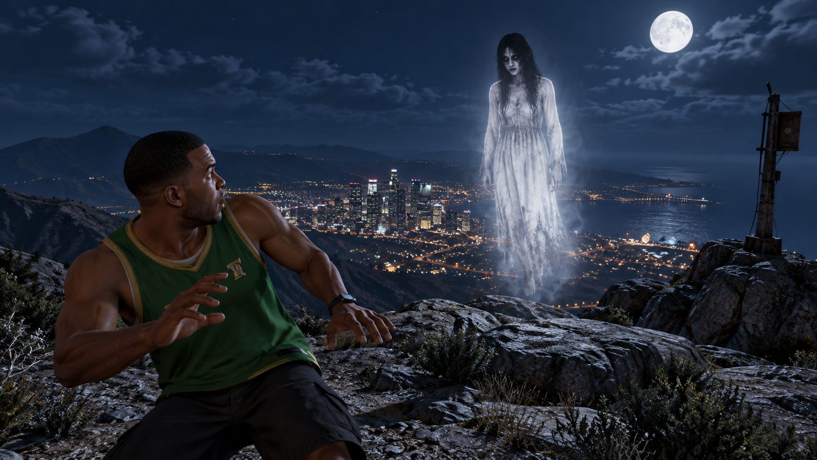Fantasma flotando de noche en la cima del monte Gordo en GTA 5