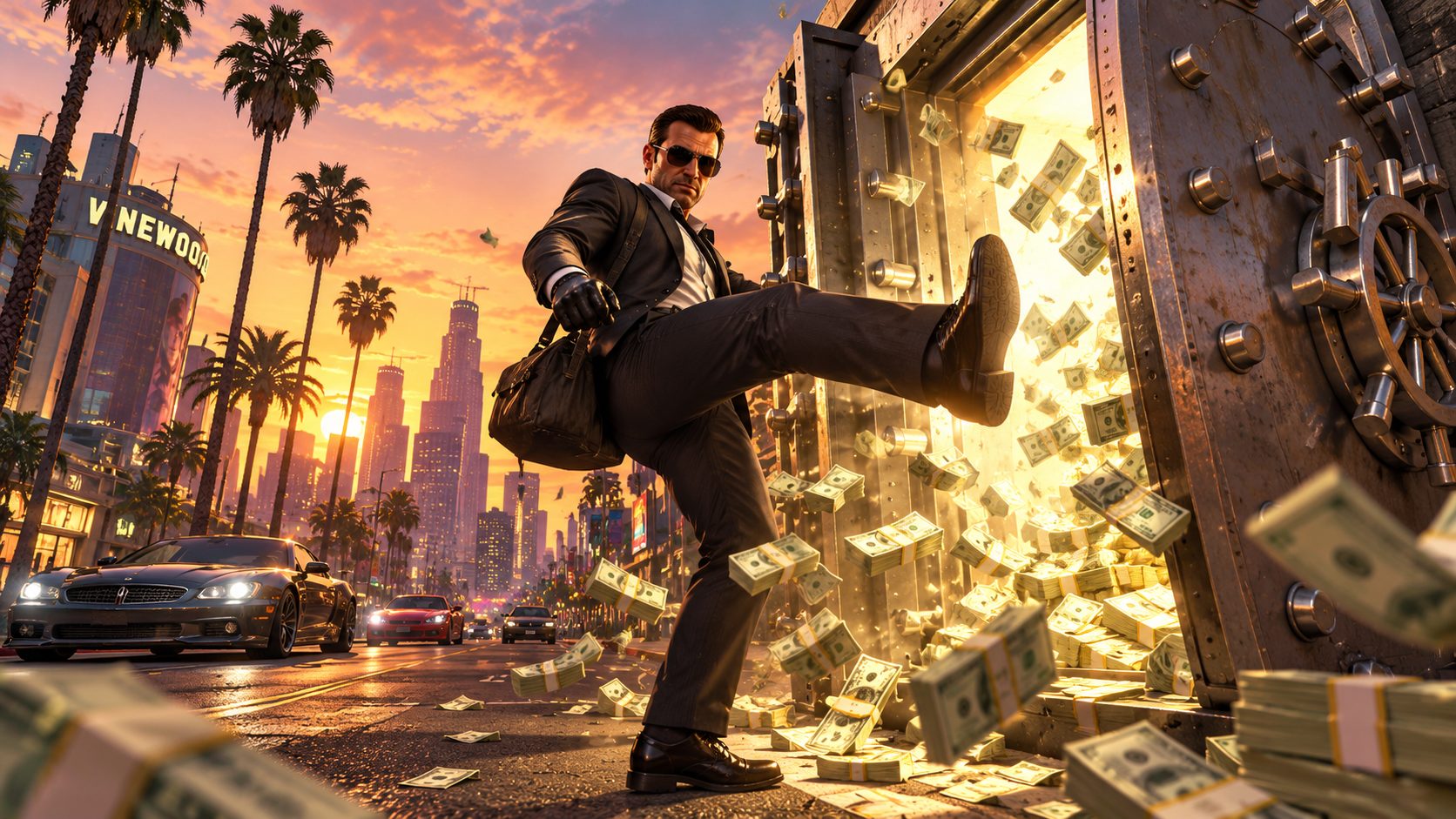 Personaje de GTA Online abriendo una enorme cámara acorazada en Los Santos