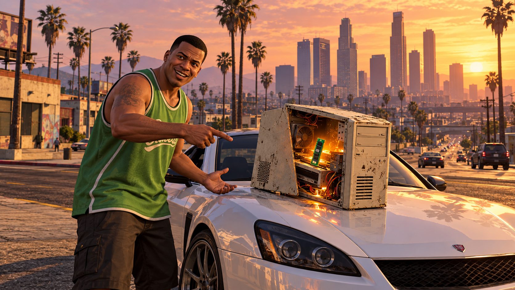 Torre de PC antigua sobre un coche en Los Santos de GTA 5 al atardecer
