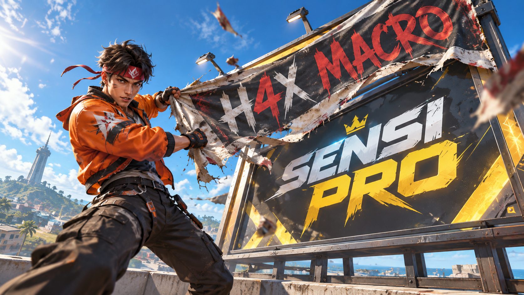 Superviviente de Free Fire arranca un cartel de H4X Macro y debajo aparece Sensi Pro
